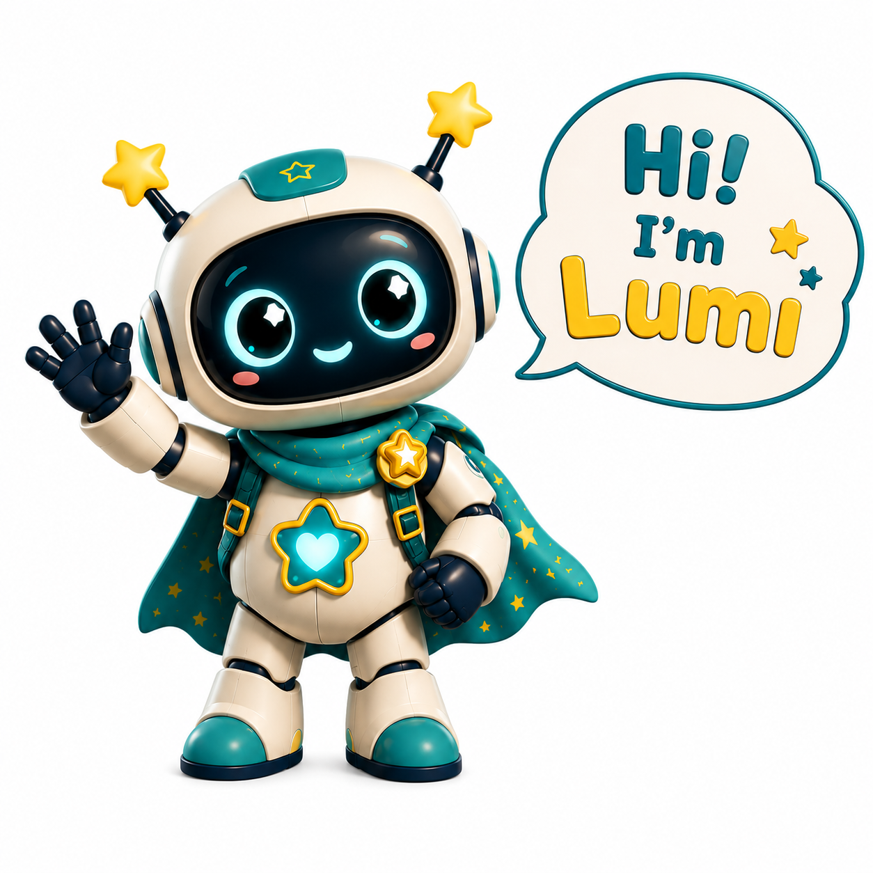 Lumi, the Learning Robot, waving beside a speech bubble that says Hi! I’m Lumi.