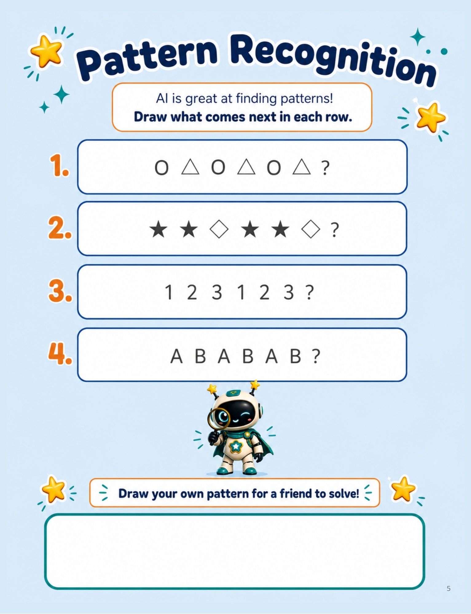 Interior page titled Pattern Recognition with four pattern rows for children to complete