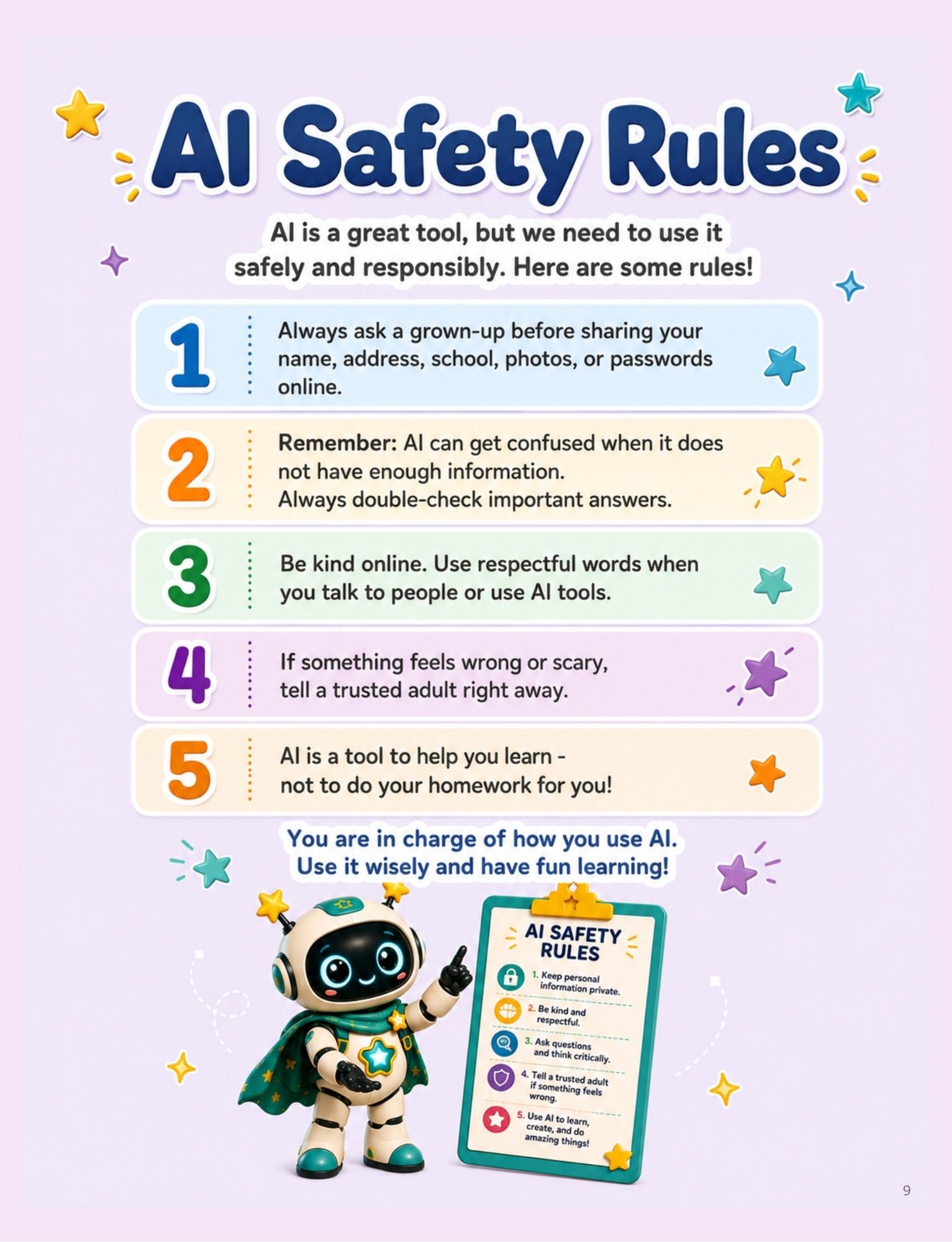 Interior page titled AI Safety Rules listing five kid-friendly rules for using AI safely