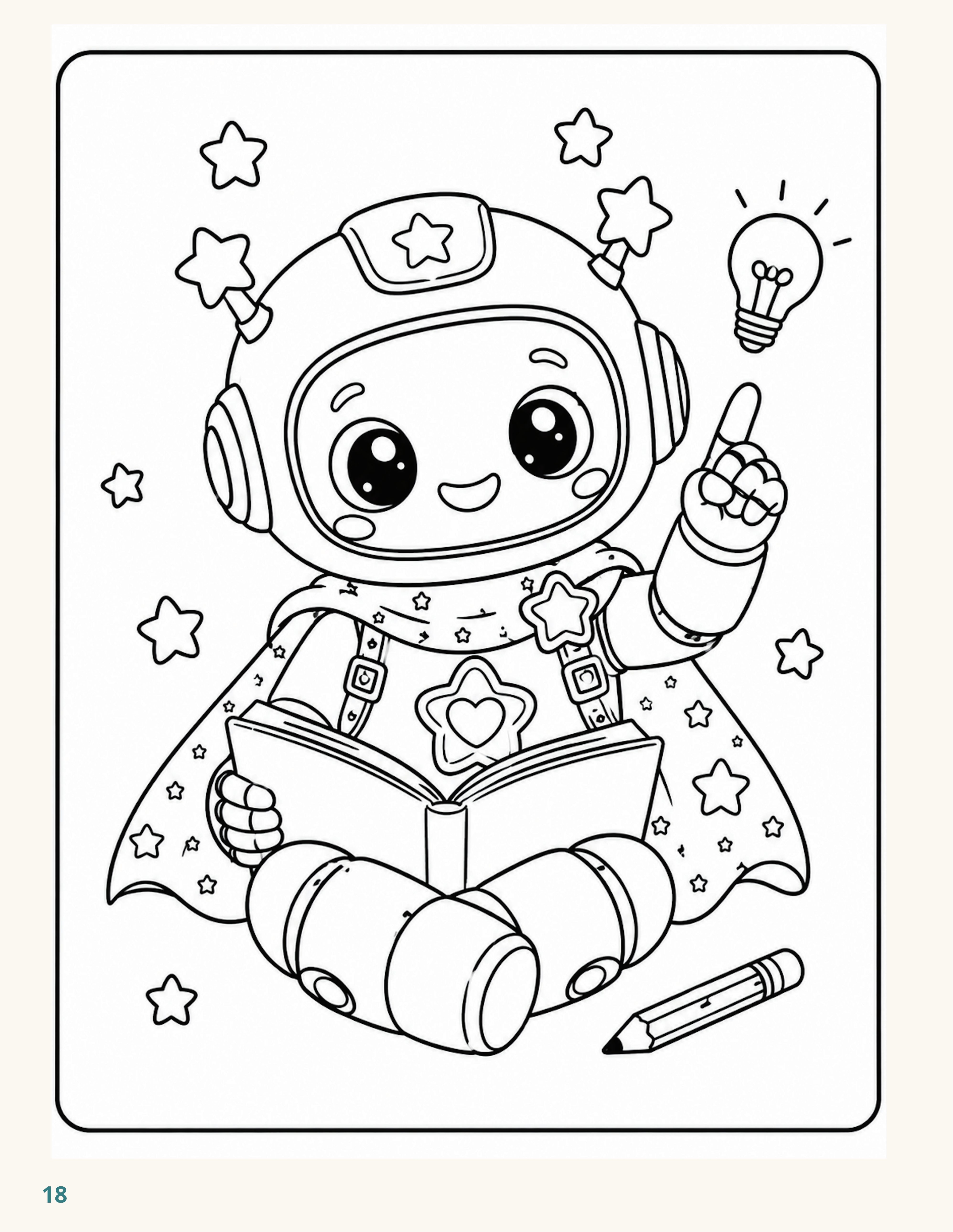 Black and white coloring page of Lumi seated with an open book, stars, and a lightbulb