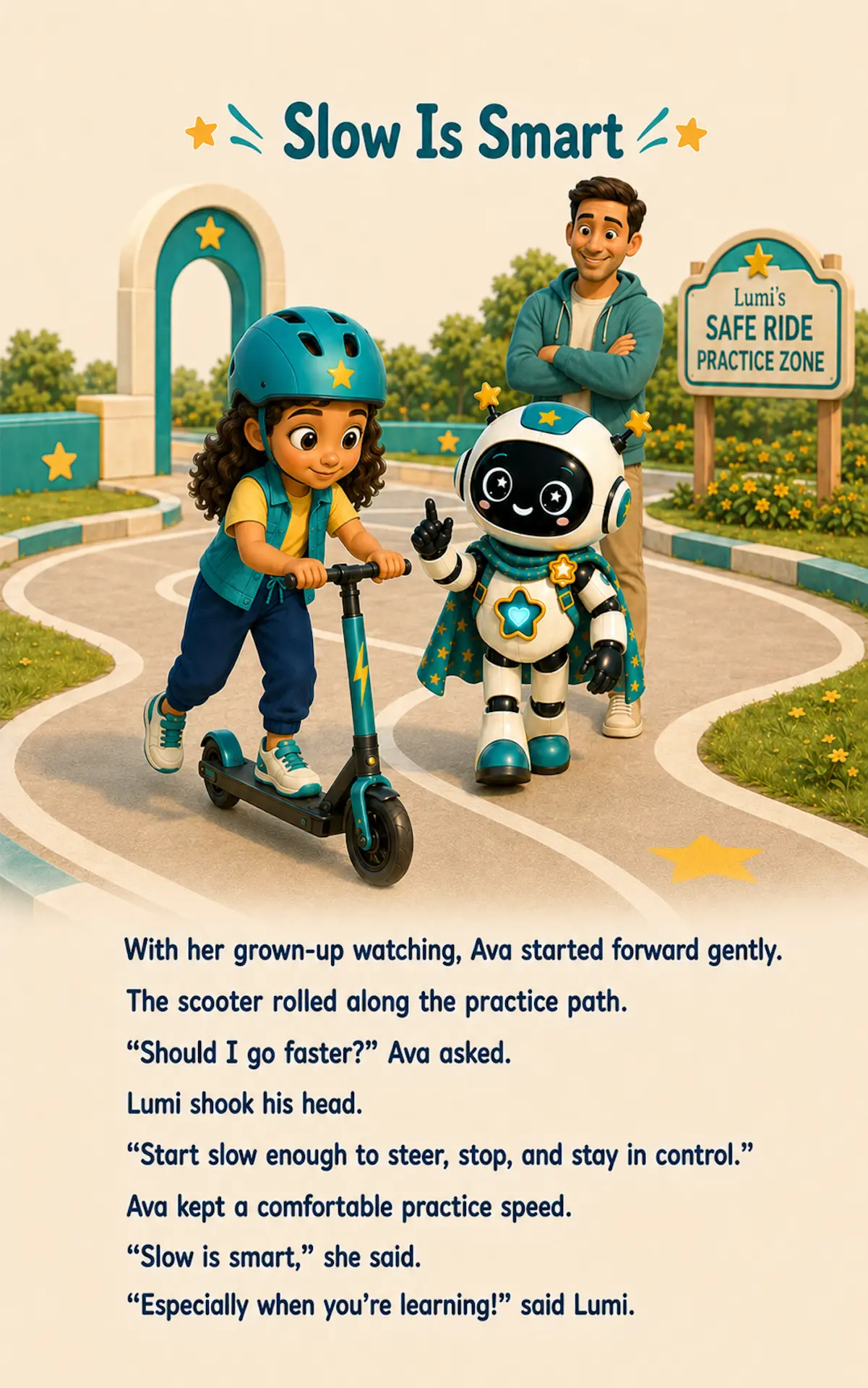 Interior page from Ride Smart with Lumi: Slow Is Smart — Ava rides her scooter gently along the practice path beside Lumi.
