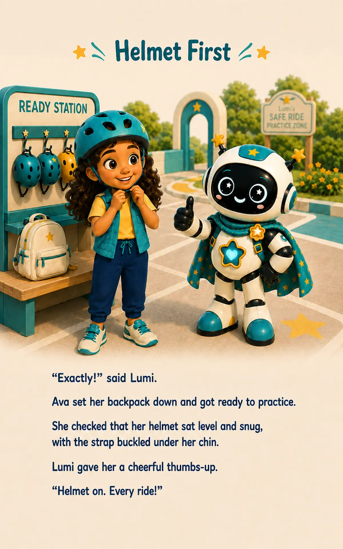 Interior page from Ride Smart with Lumi: Helmet First — Ava fastens her helmet at the Ready Station while Lumi gives a thumbs-up.