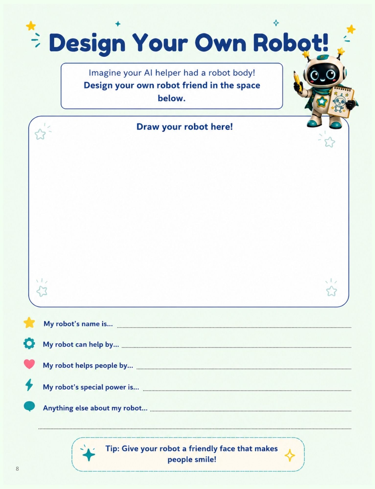 Interior page titled Design Your Own Robot! with a drawing space and prompts about the robot
