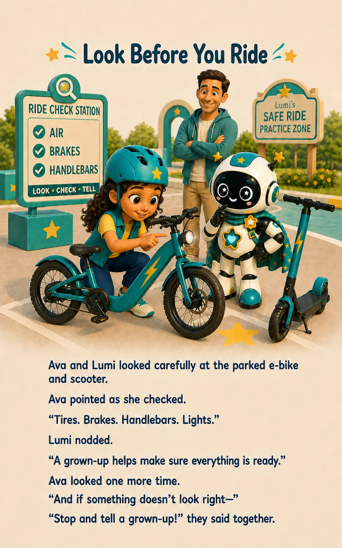 Interior page from Ride Smart with Lumi: Look Before You Ride — Ava checks tires, brakes, and handlebars at the Ride Check Station with Lumi and a grown-up.