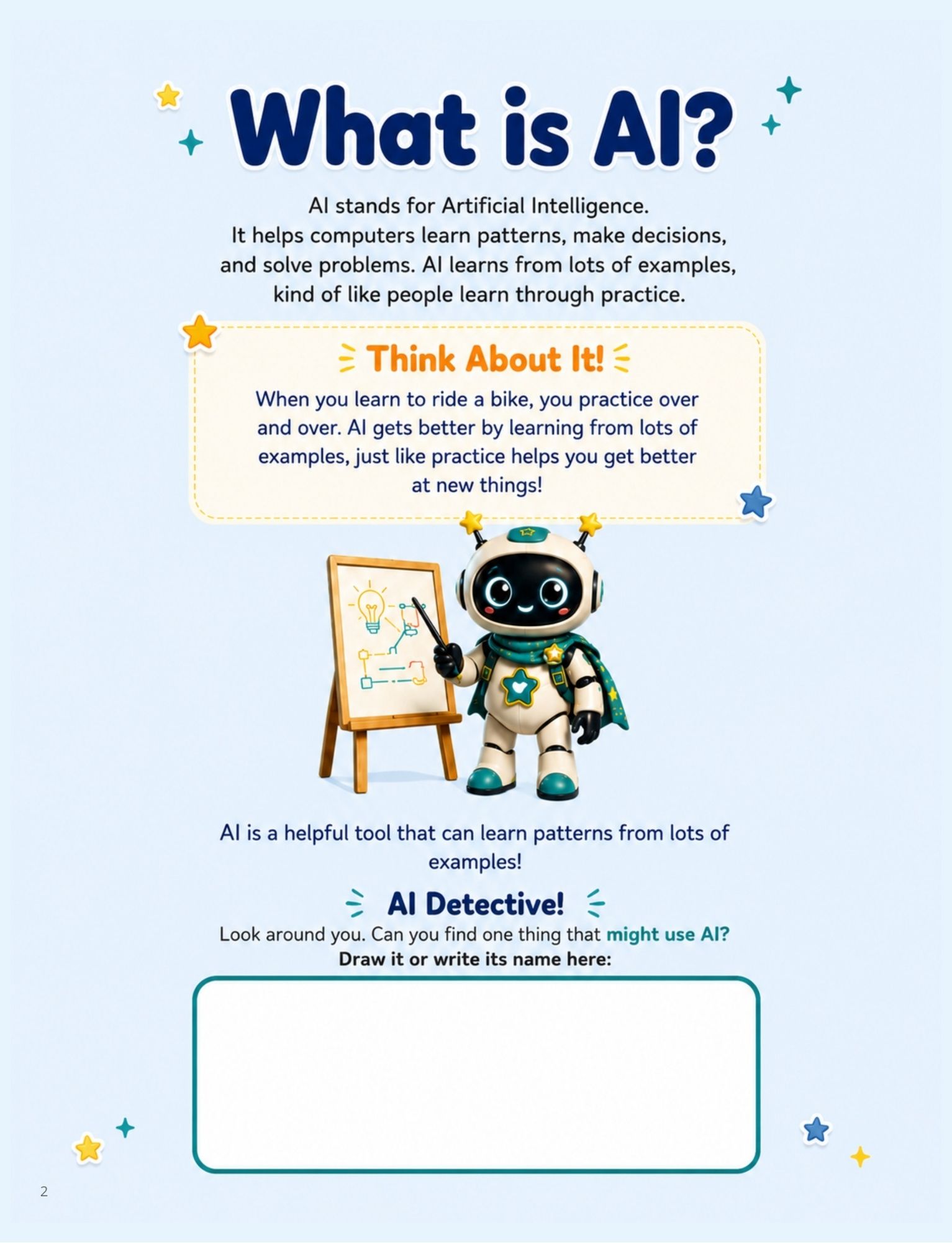 Interior page from The Little Explorers' Guide to AI titled What is AI?, explaining that AI learns patterns from examples