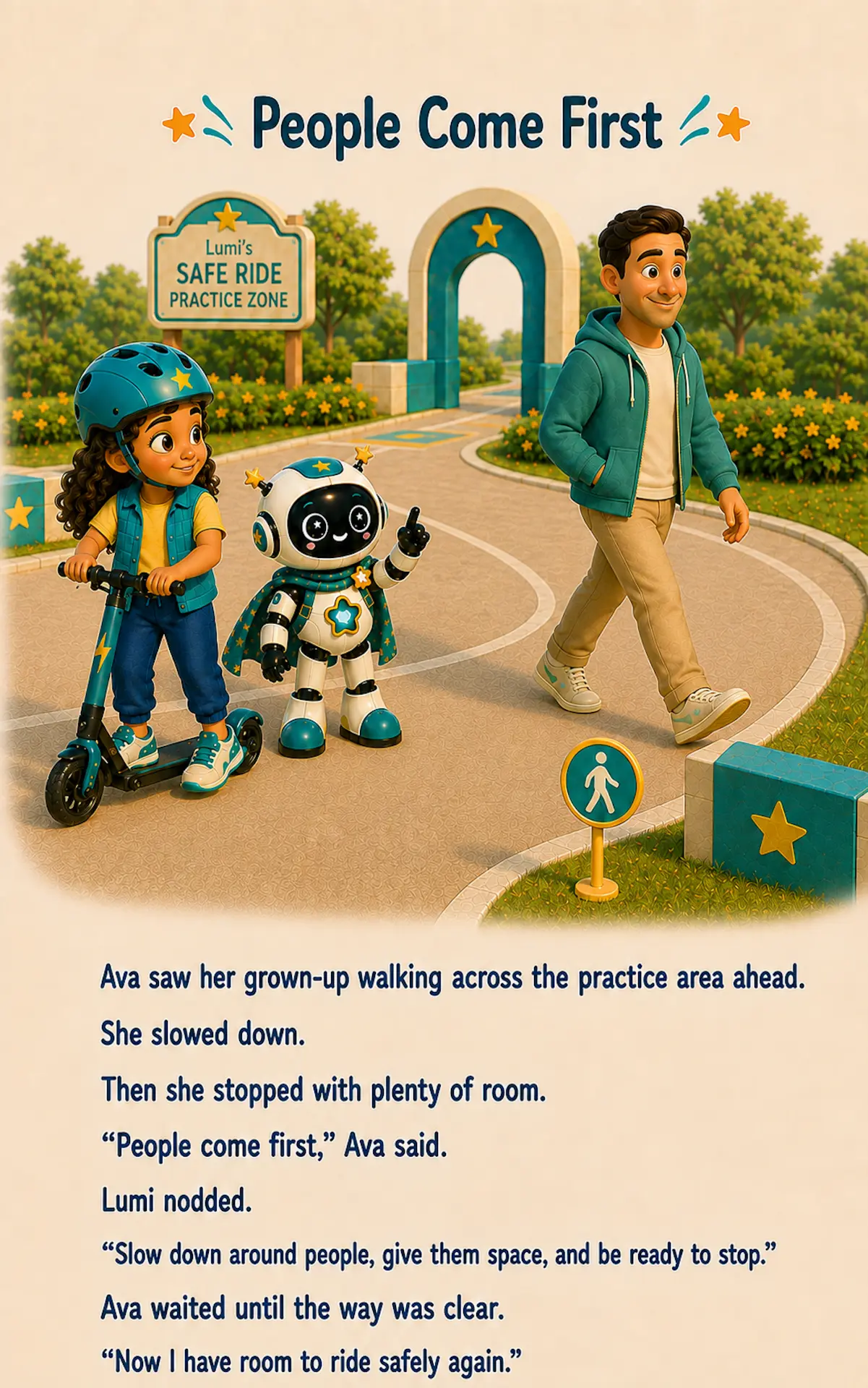 Interior page from Ride Smart with Lumi: People Come First — Ava stops on her scooter to give a walking grown-up plenty of room.
